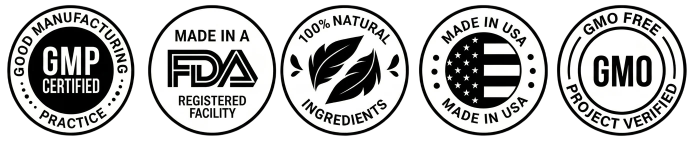 Quality seals — GMP certified, Made in USA, Non-GMO